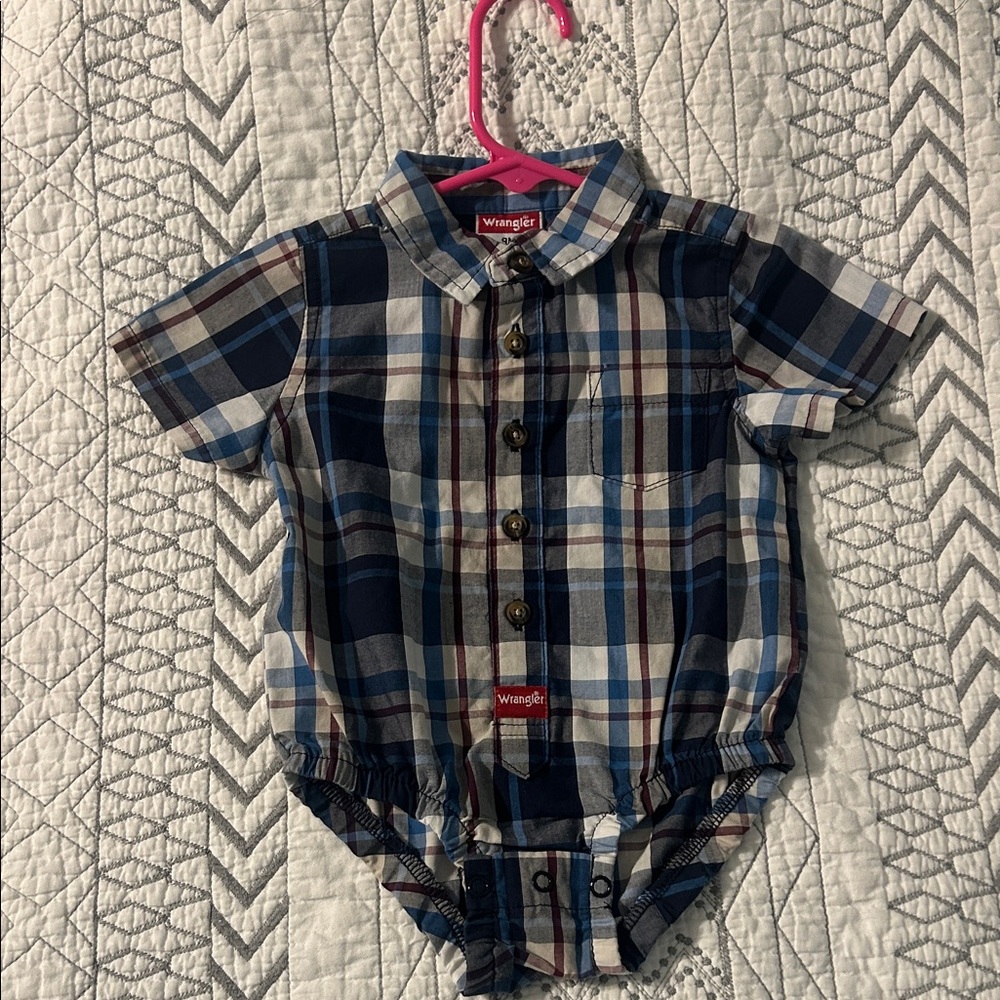 Wrangler Blue and White Plaid Baby Romper with khaki pants